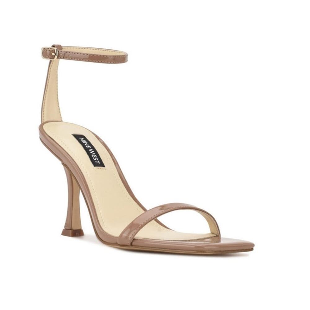 New Nine West Yess Square Toe Tapered Heel Dress Sandals Patent Brown 7M